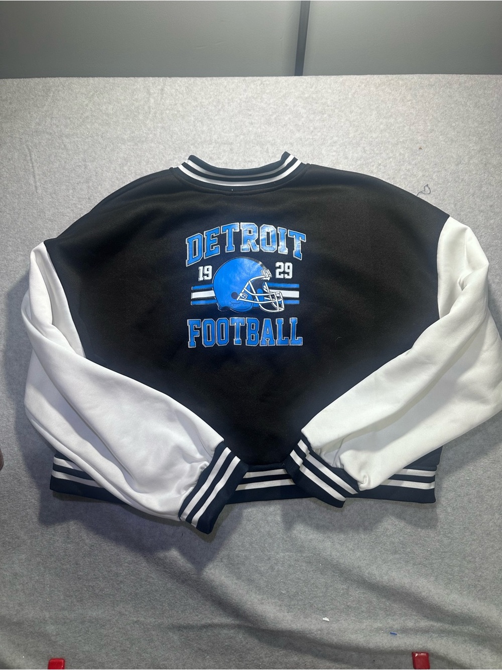 Detroit Lions Black and White Varsity Bomber Jacket Snap Front
